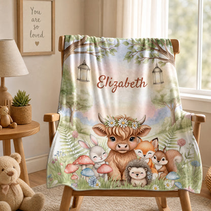 Personalized Forest Friends Highland Cow Rabbit Foxes Soft Throw Blanket with Name Nursery Decor Baby Shower Gift for Newborn