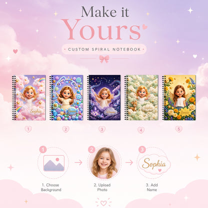 Personalized 3D-Effect Artwork Fantasy Angel Kid Photo A5 Spiral Journal Notebook with Name Daily Use Back to School Birthday Gift for Kids Students