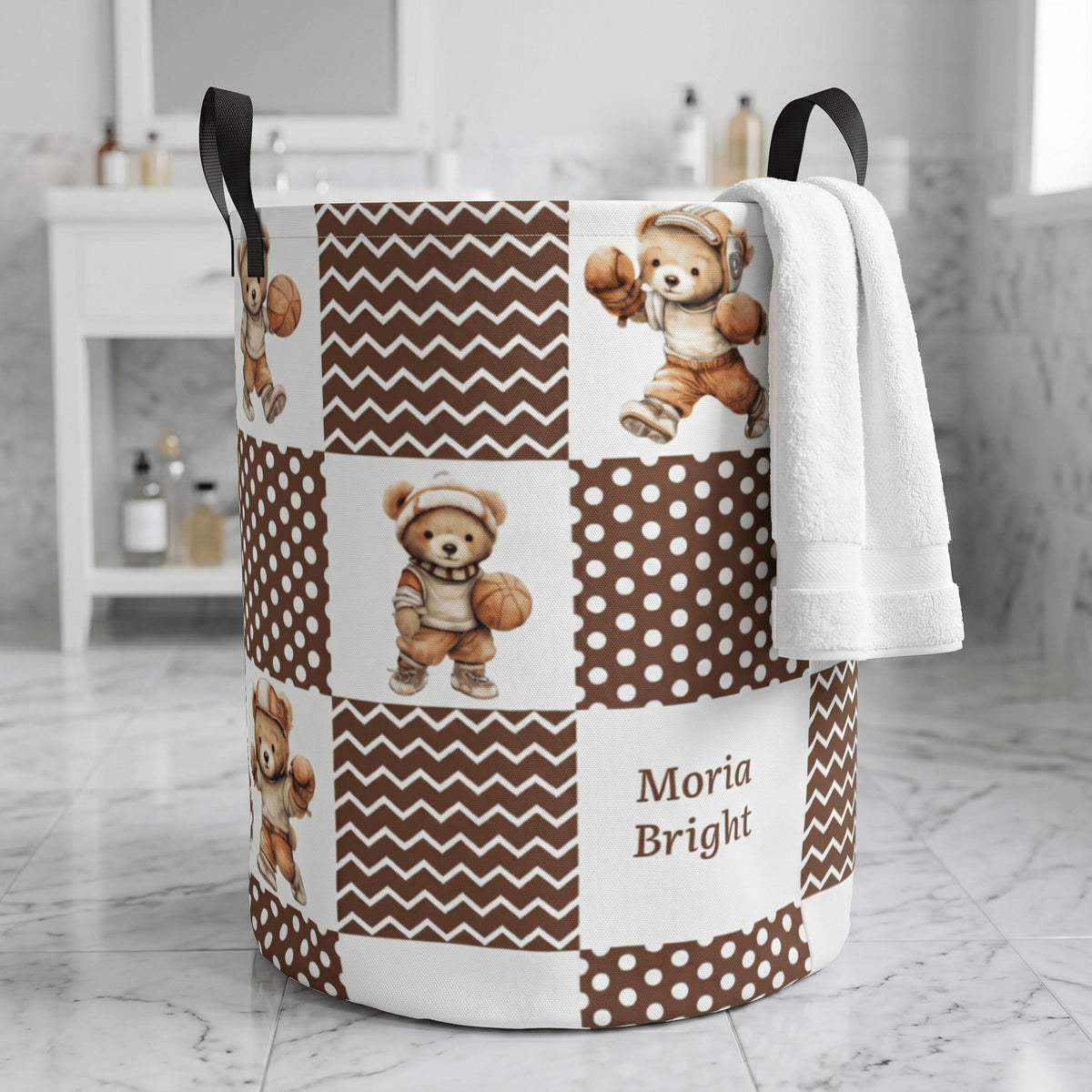 Personalized Sports Teddy Bear Polka Dot Large Capacity Laundry Basket with Name and Handle Nursery Decor Birthday Gift for Kids