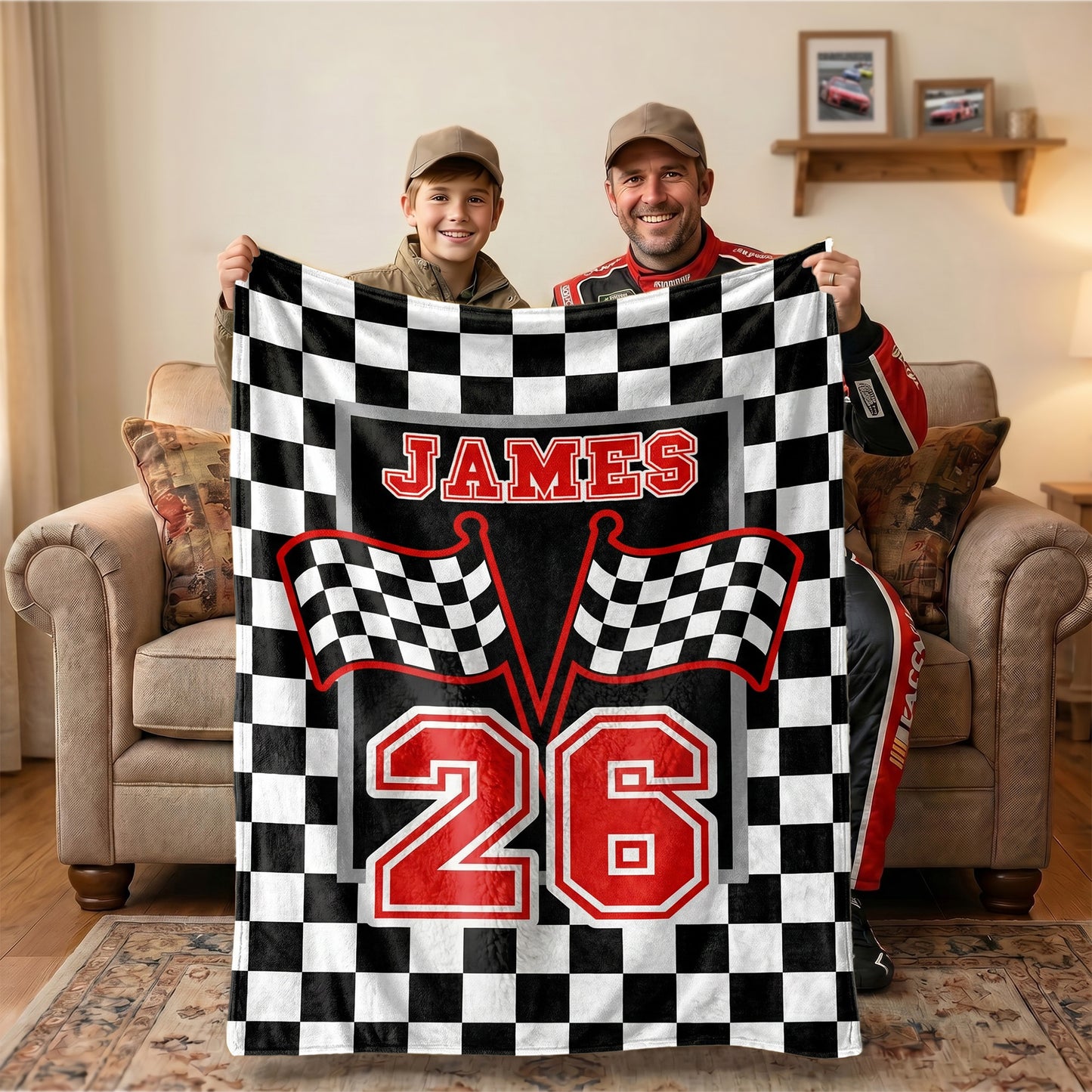 Personalized Checkered Flag Racing Design Soft Throw Blanket with Name and Number Home Decor Father's Day Birthday Gift for Man Racing Enthusiast