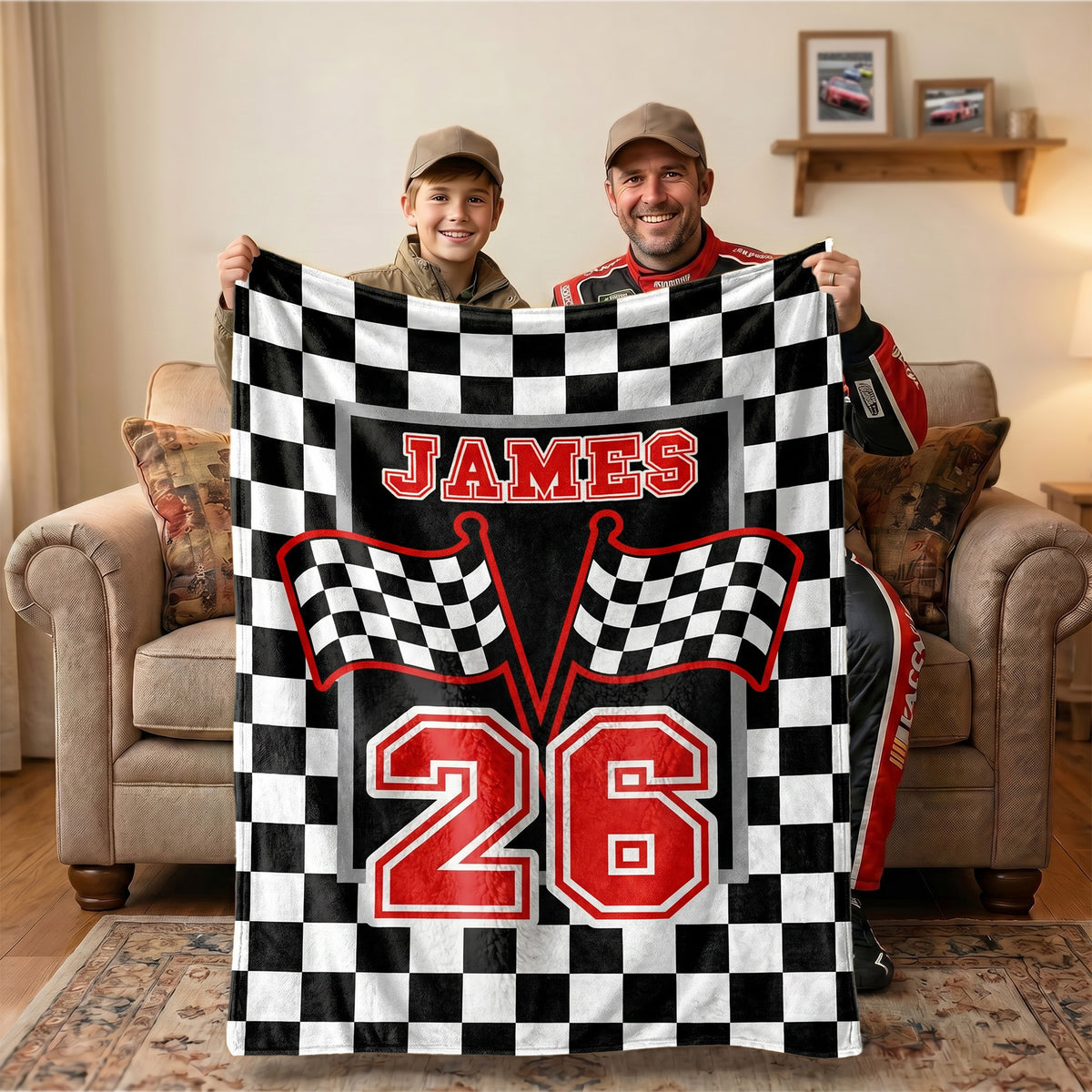 Personalized Checkered Flag Racing Design Soft Throw Blanket with Name and Number Home Decor Father's Day Birthday Gift for Man Racing Enthusiast