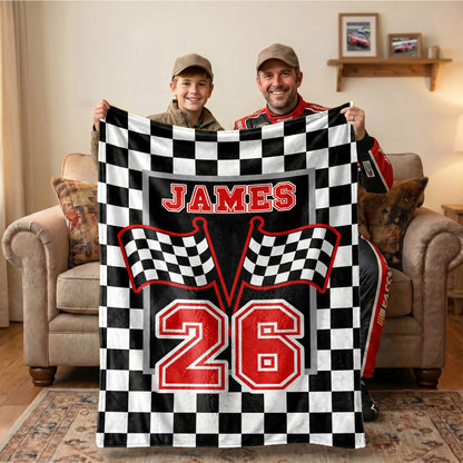 Personalized Checkered Flag Racing Design Soft Throw Blanket with Name and Number Home Decor Father's Day Birthday Gift for Man Racing Enthusiast