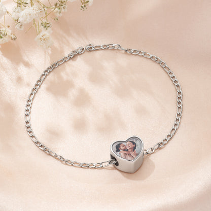Personalized Sterling Silver Crystal Heart Photo Charm Accessory Fit Necklace Bracelet Valentine's Day Birthday Gift for Family Friends