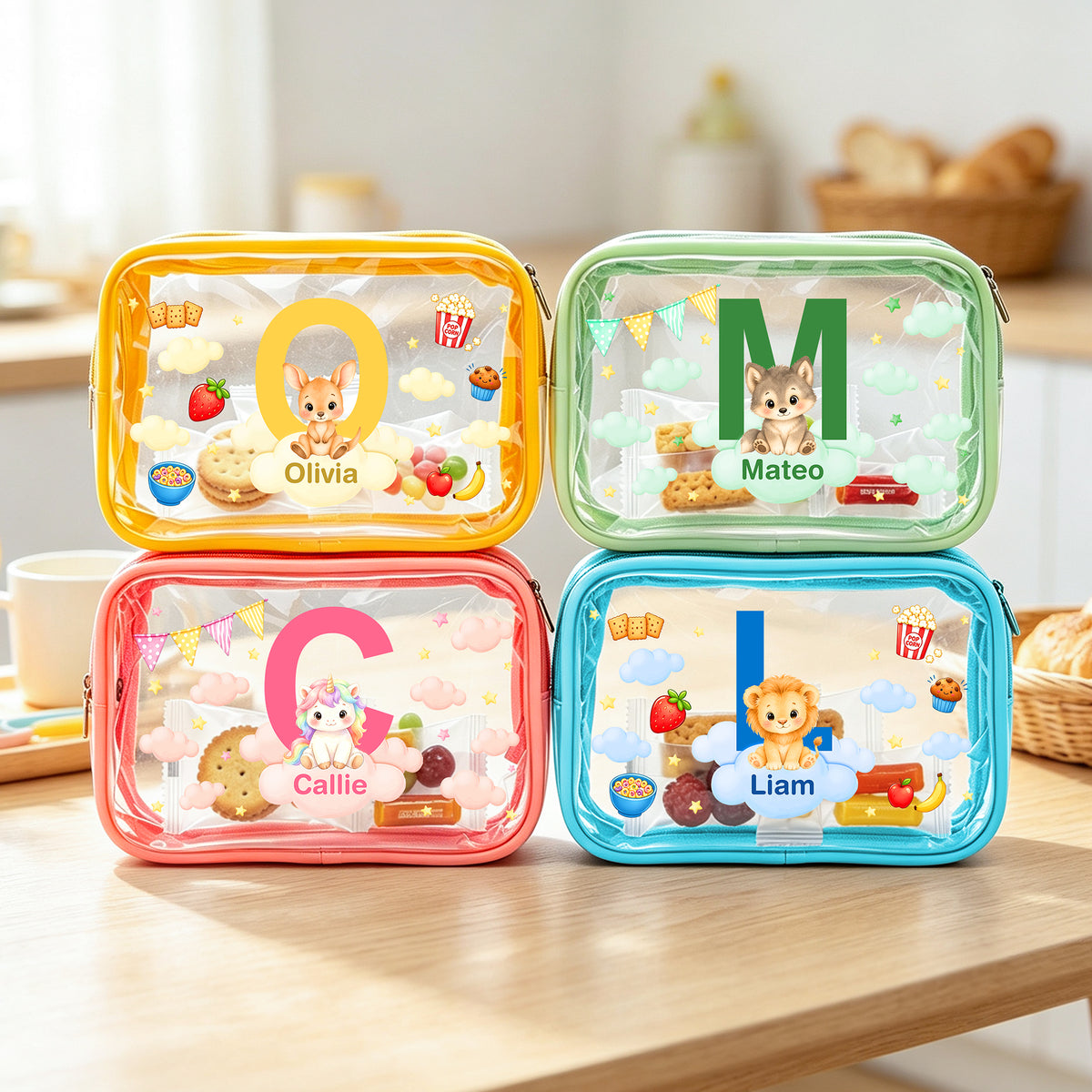 Personalized Cartoon Animal Portable Waterproof Clear Snack Bag with Name and Initial Travel Daily Use Back to School Birthday Gift  for Boys Girls