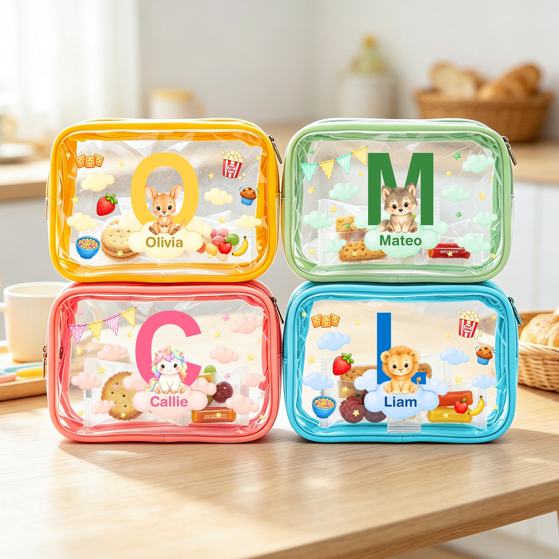 Personalized Cartoon Animal Portable Waterproof Clear Snack Bag with Name and Initial Travel Daily Use Back to School Birthday Gift  for Boys Girls