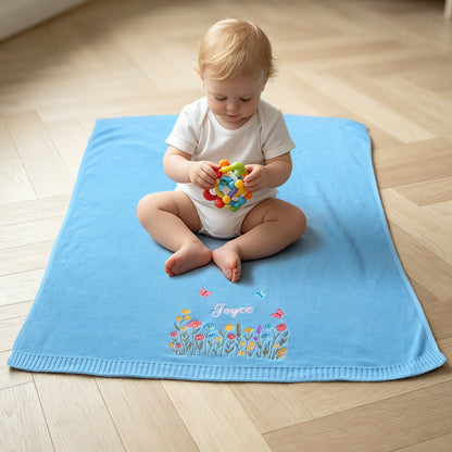Personalized Embroidered Wildflower Cotton Knit Baby Blanket with Name Birthday Baby Shower Gift for Infants Baby Girls
