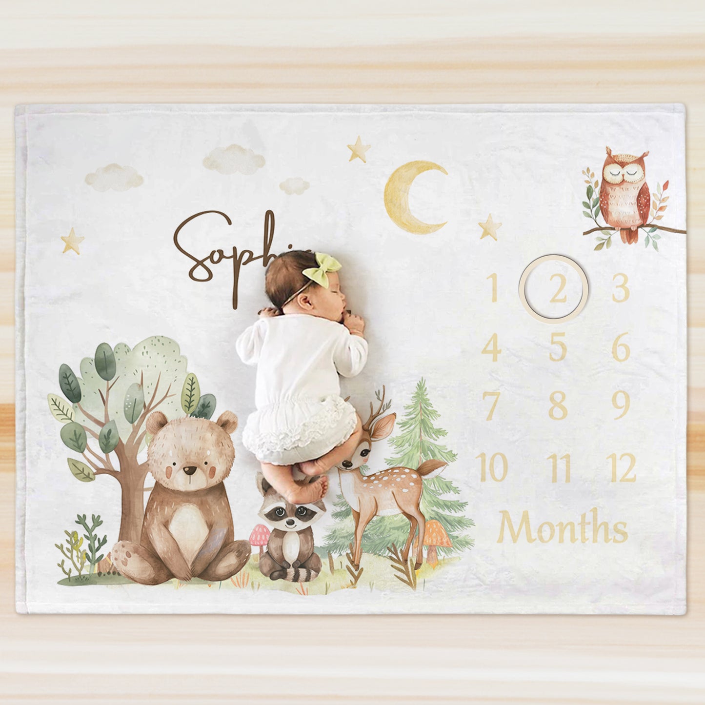 Personalized Woodland Cartoon Animal Milestone Soft Throw Blanket with Name Baby Shower Gift for Newborn New Mom