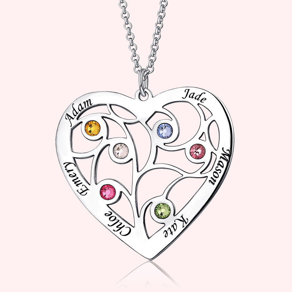 Heart Family Tree Necklace with Name and Birthstone in Silver