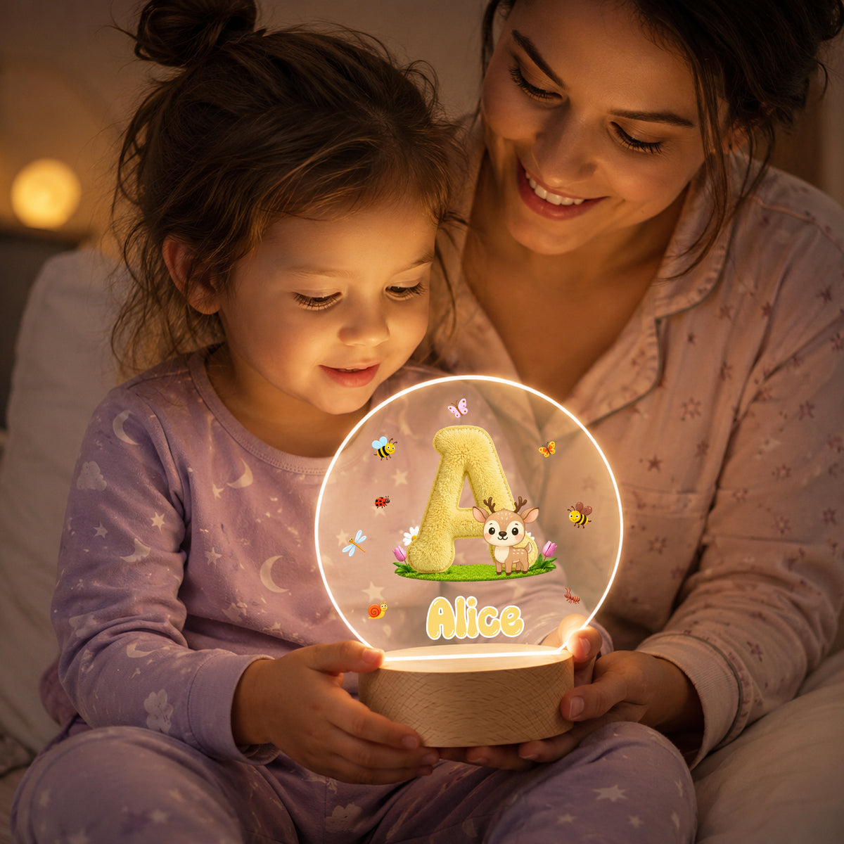 Personalized Cute Animal Insect Initial LED Night Light with Wooden Base and Name Home Decor Back to School Birthday Gift for Children