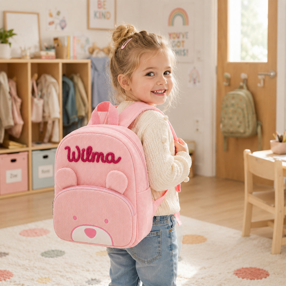 Personalized Cute Teddy Bear Corduroy Backpack with Hand Embroidered Name Children's Day Back to School Birthday Gift for Kids Students
