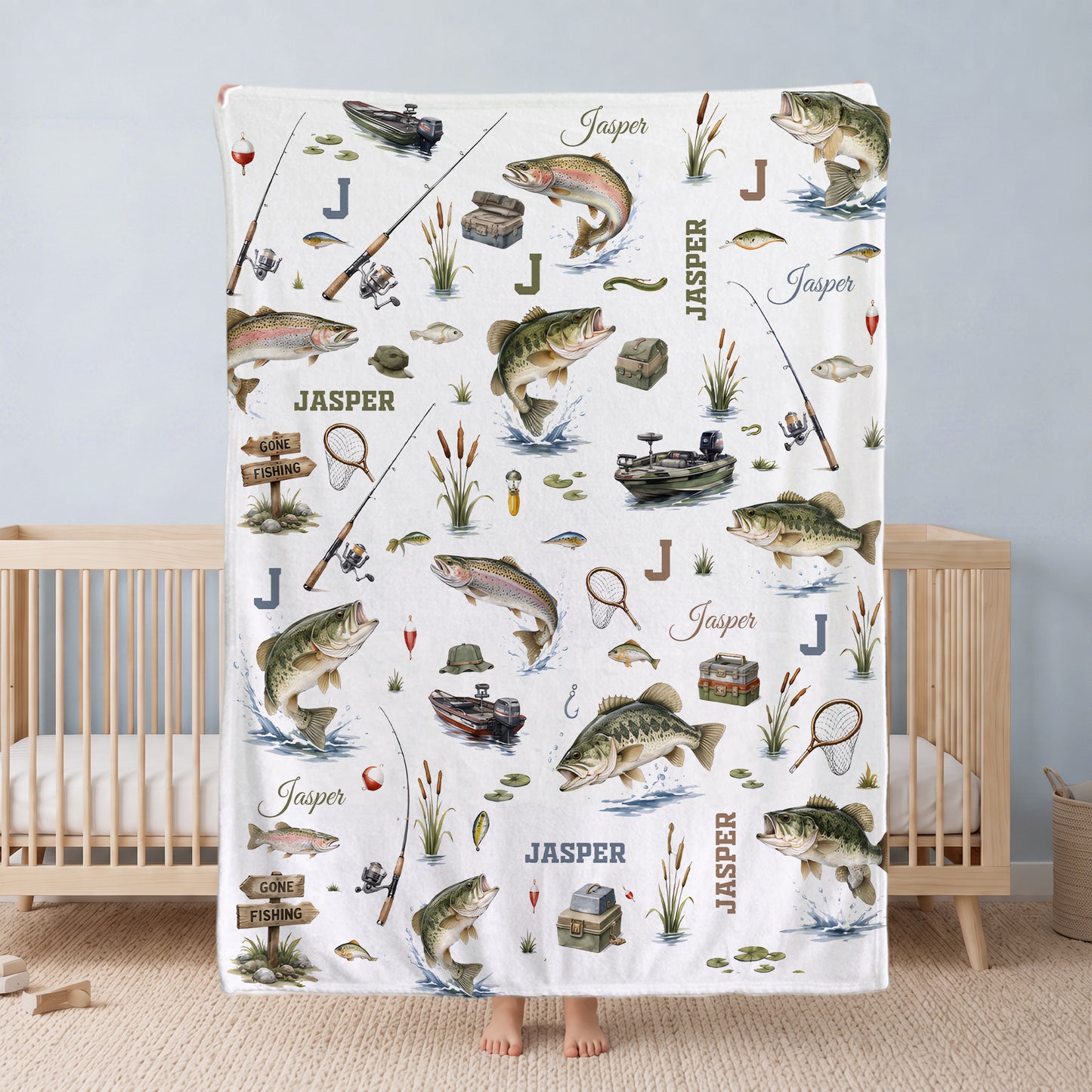 Personalized Gone Fishing Themed Soft Throw Blanket with Initial and Name Home Decor Birthday Baby Shower Gift for Newborns New Parents