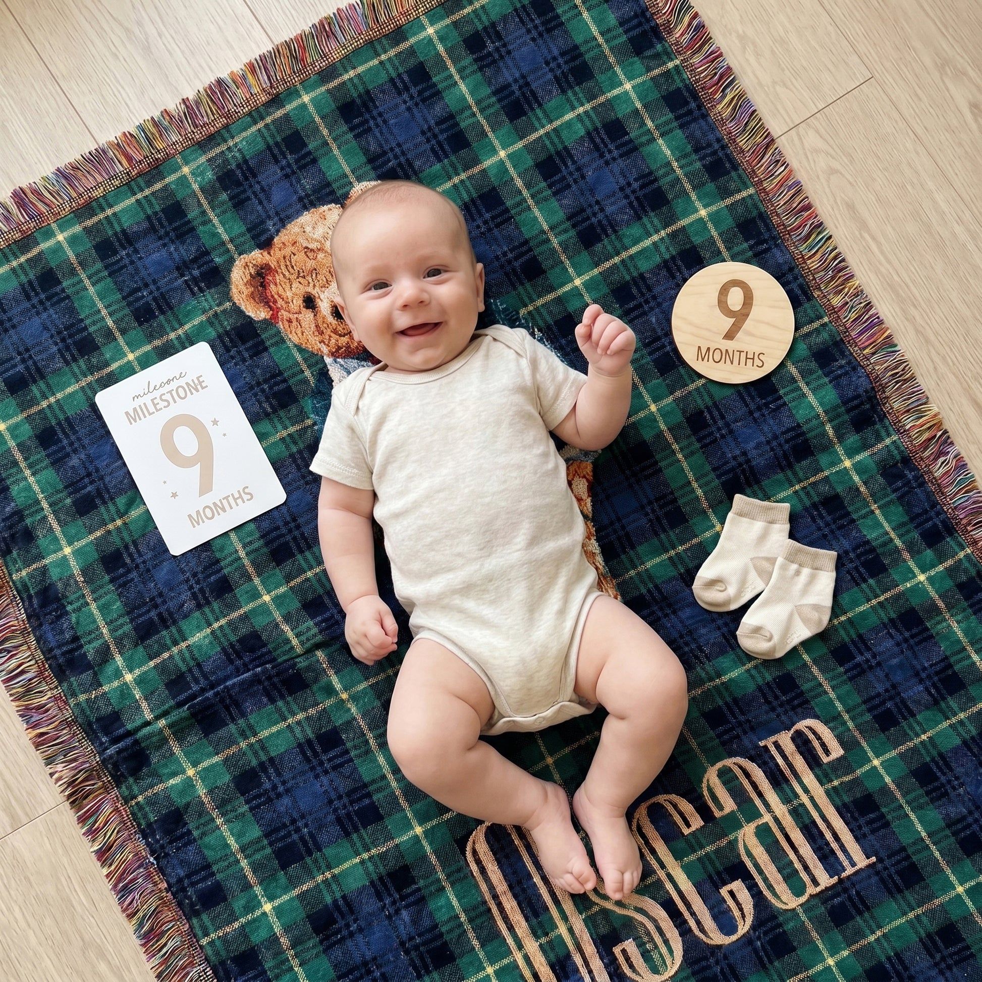 Personalized Plaid Cartoon Teddy Bear Soft Throw Blanket with Tassel and Name Baby Shower Christening Gift for New Parent