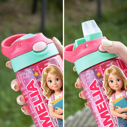 Personalized 3D-Style Design Cartoon Photo 16 oz Kid Water Bottle with Name and Silicone Straw Back to School Birthday Gift for Boys Girls