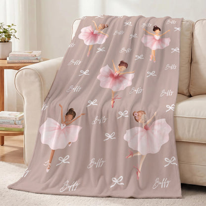 Personalized Ballerina Girl Bow Pattern Soft Throw Blanket with Name Room Decor Birthday Baby Shower Gift for Ballet Lovers Girls Daughters
