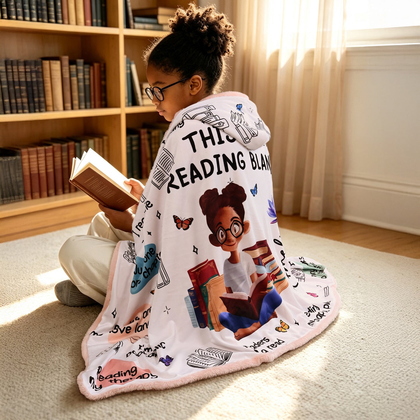 Personalized Birth Flower Cartoon Reading Girl Soft Throw Hooded Blanket with Name Birthday Gift for Librarians Book Lovers