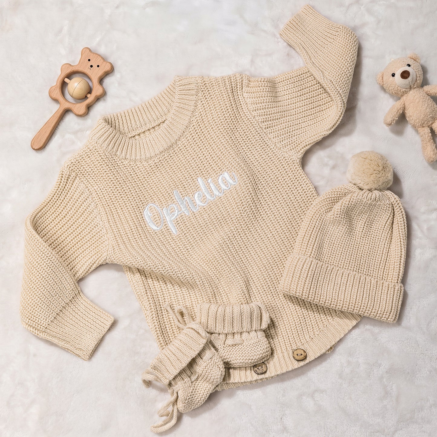 Personalized Multicolor Knitted 100% Cotton Soft Baby Bodysuit Hat Booties Set with Embroidered Name Coming Home Outfit Birthday Gift for Baby Newborn