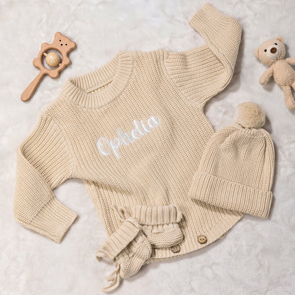 Personalized Multicolor Knitted 100% Cotton Soft Baby Bodysuit Hat Booties Set with Embroidered Name Coming Home Outfit Birthday Gift for Baby Newborn