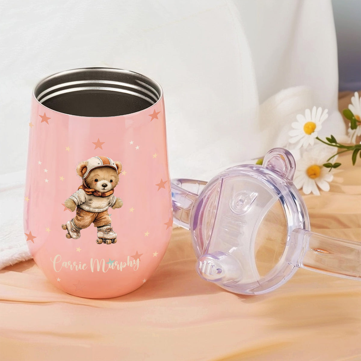 Personalized Multicolor Sports Teddy Bear 10 oz Insulated Sippy Cup with Dual Handle and Name Baby Shower Birthday Gift for Baby Infant