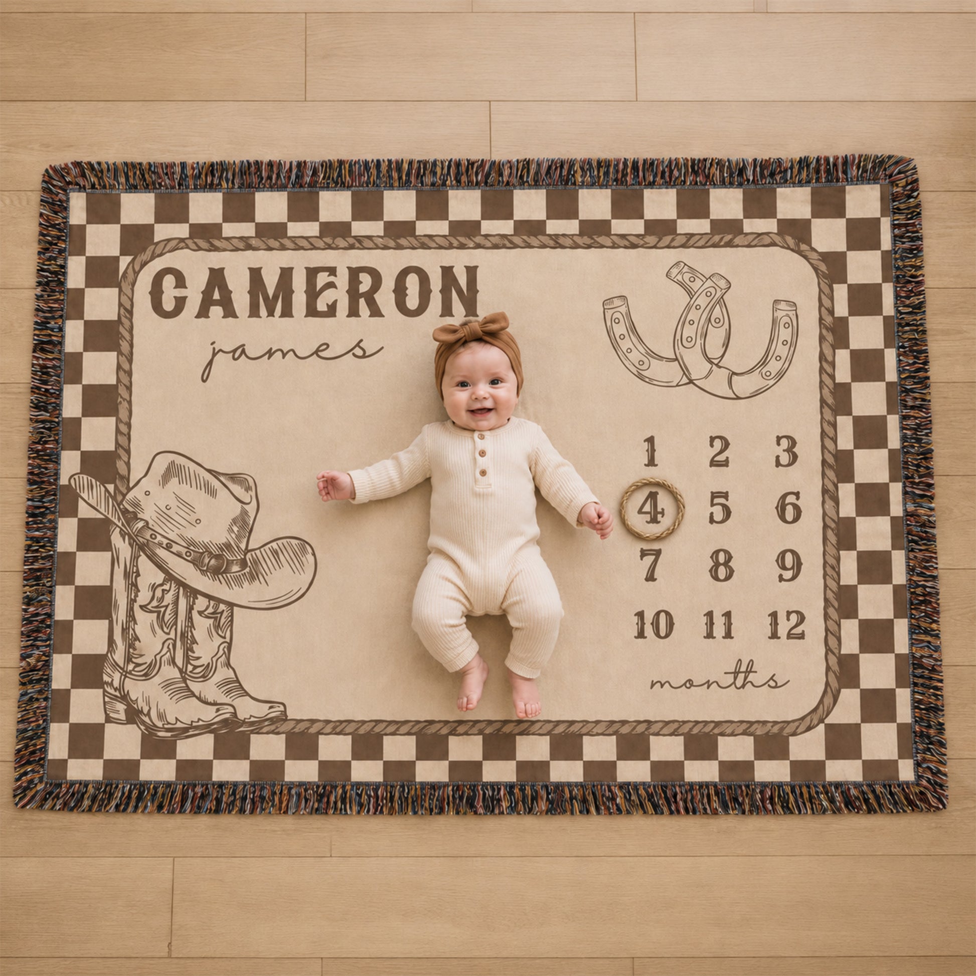 Personalized Western Cowboy Boots and Hat Plaid Month Soft Throw Baby Blanket with Name and Tassels Nursery Decor Birthday Gift for Baby Newborn