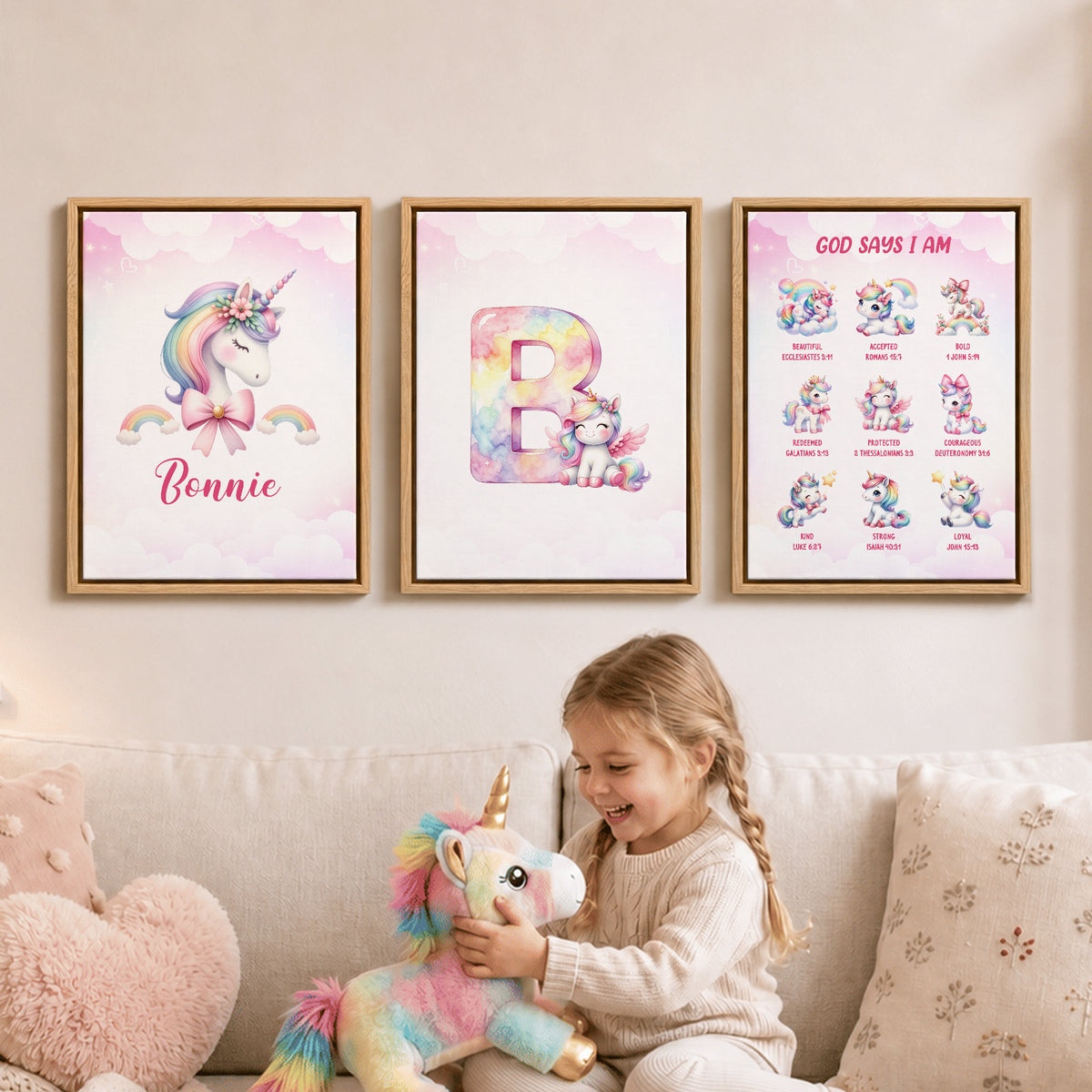 Personalized Minimalist Fantasy Unicorn Initial 3-Piece Canvas Prints with Name Nursery Decor Ship from USA Baby Shower Birthday Gift for Girl Newborn