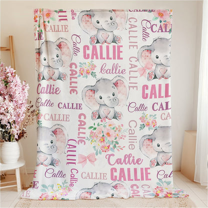 Personalized Cute Pink Blue Floral Elephant Soft Throw Blanket with Multiple Names Nursery Room Decor Birthday Baby Shower Gift for Boys Girls