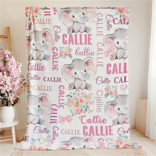 Personalized Cute Pink Blue Floral Elephant Soft Throw Blanket with Multiple Names Nursery Room Decor Birthday Baby Shower Gift for Boys Girls