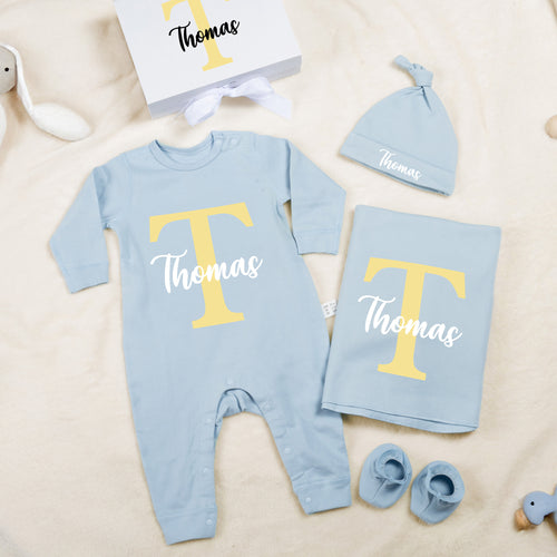Personalized Initial Floral Design Name 100% Cotton Baby Romper Hat Blanket Outfit with Gift Box Baby Shower  Coming Home Gift for Newborn