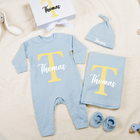 Personalized Initial Floral Design Name 100% Cotton Baby Romper Hat Blanket Outfit with Gift Box Baby Shower  Coming Home Gift for Newborn