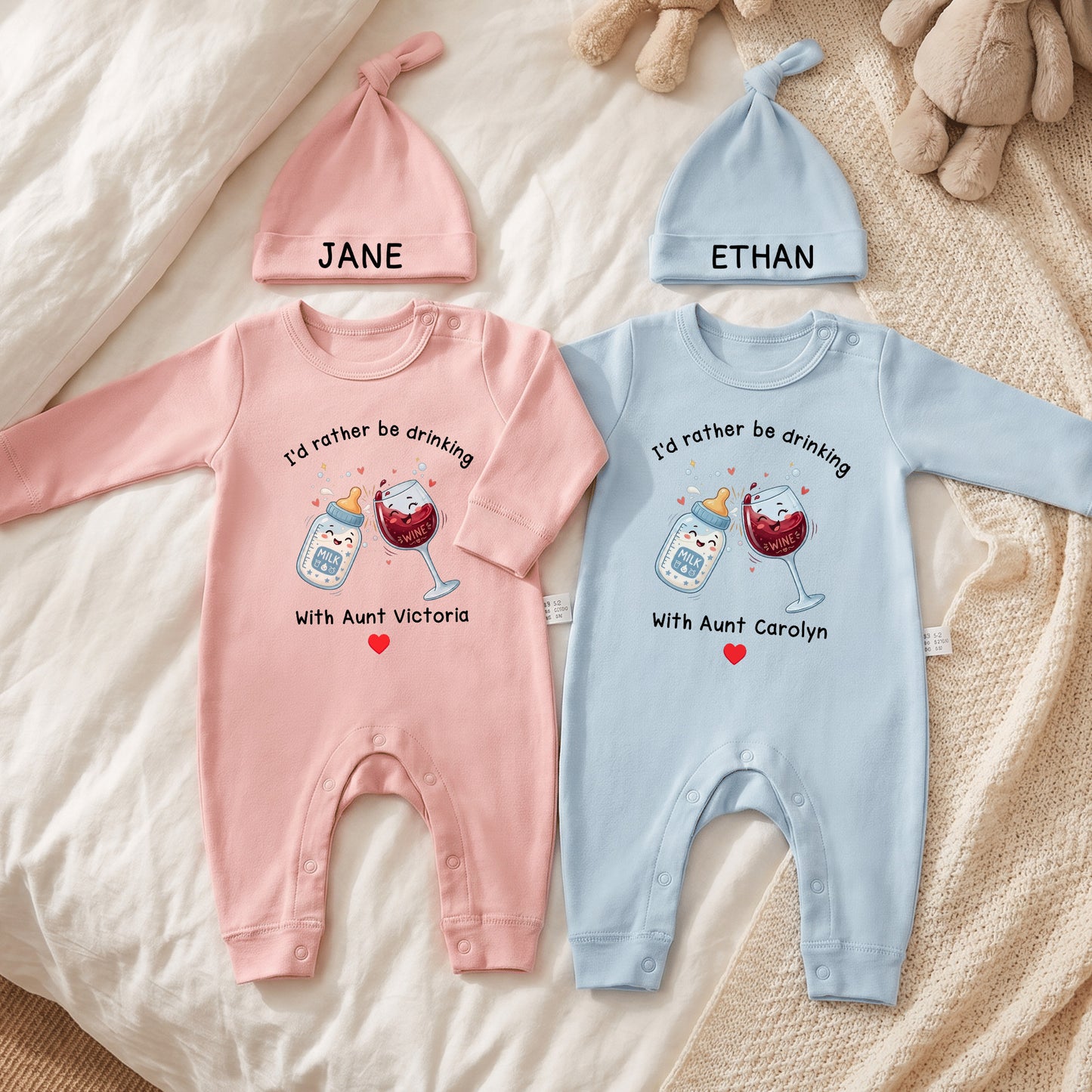 Personalized I'd Rather Be Drinking 100% Cotton Long-Sleeve Baby Romper Hat Set with Name Funny Baby Shower First Birthday Gift for Baby Newborn