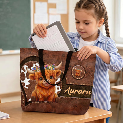 Personalized Cute Cartoon Highland Cow Large Capacity Tote Bag with Name Birthday Gift for Highland Cow Lovers Friends