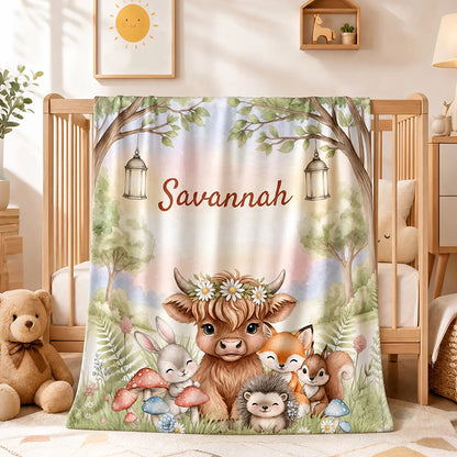 Personalized Forest Friends Highland Cow Rabbit Foxes Soft Throw Blanket with Name Nursery Decor Baby Shower Gift for Newborn