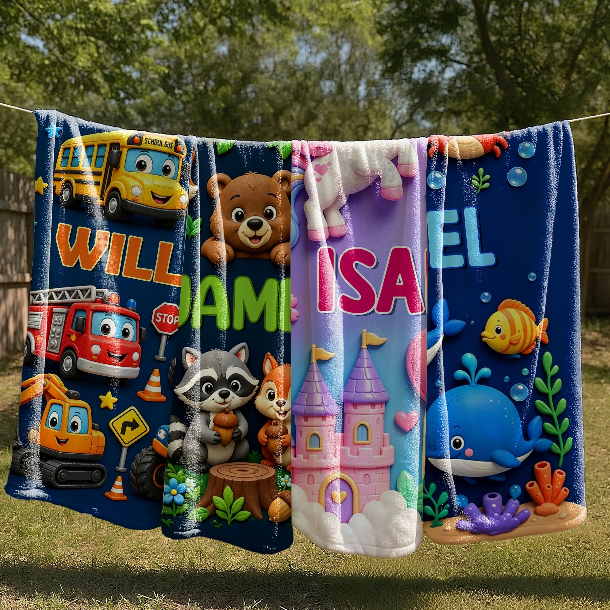 Personalized Cute Woodland Animal Truck Fantasy Cartoon Theme Design Soft Throw Blanket with Name Room Decor  Daily Use Birthday Gift for Kids