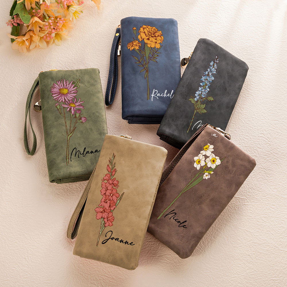 Personalized Watercolor Birth Flower Tri-Fold PU Leather Wristlet Wallet with Card Holder and Name Birthday Anniversary Gift for Women