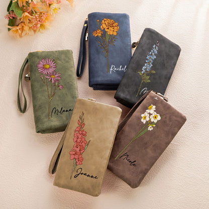 Personalized Watercolor Birth Flower Tri-Fold PU Leather Wristlet Wallet with Card Holder and Name Birthday Anniversary Gift for Women