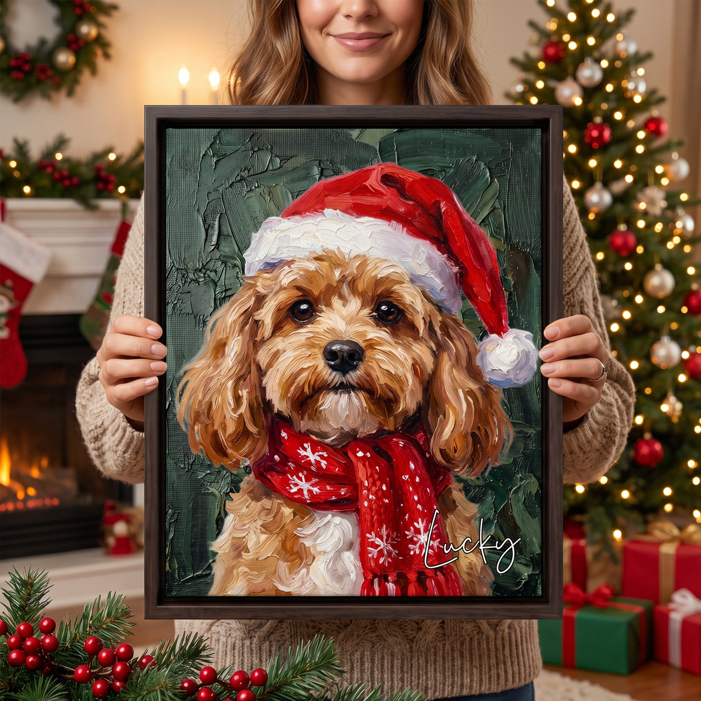 Personalized Oil Painting Style Christmas Hat Dog Cat Photo Large Canvas Prints with Name Home Decor Ship from USA Christmas Gift for Pet Owner Lover