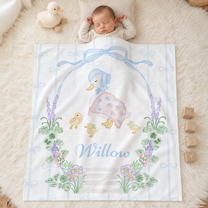 Personalized Cartoon Mother Duck Soft Throw Blanket with Name Nursery Bedding Decor Birthday Anniversary Gift for Newborns Kids