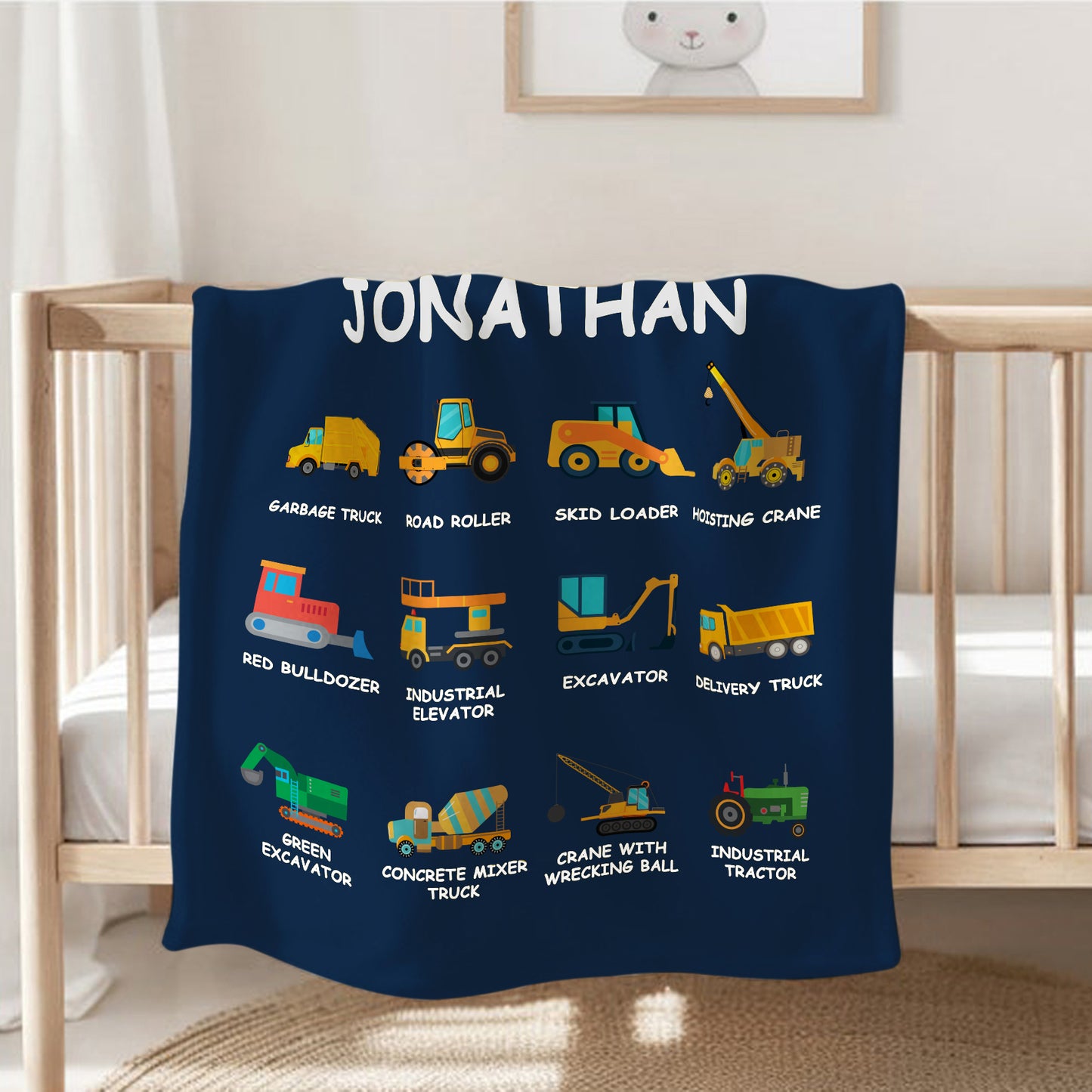 Personalized Construction Truck Blanket with Name – Soft Anti-Pilling Flannel Toddler Throw Gift for Kids