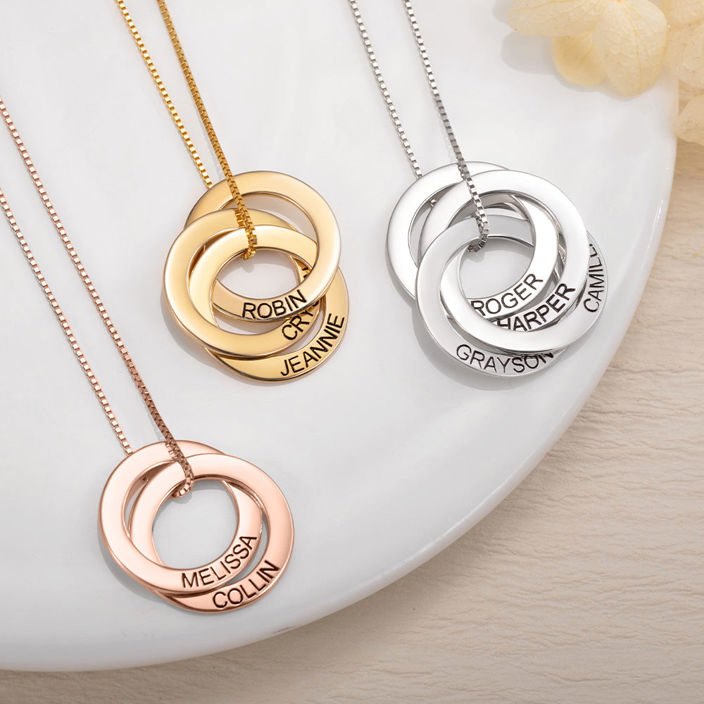 Personalized Sterling Silver 2-5 Russian Ring Interlocking Necklace with Engraved Name Mother's Day Birthday Gift for Family