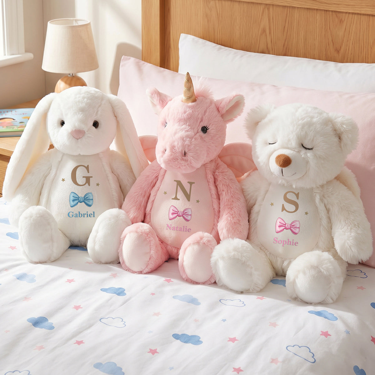 Personalized Cute Bow Bunny Bear Plush Toy with Name and Initial Daily Use Birthday Gift for Couple Kids
