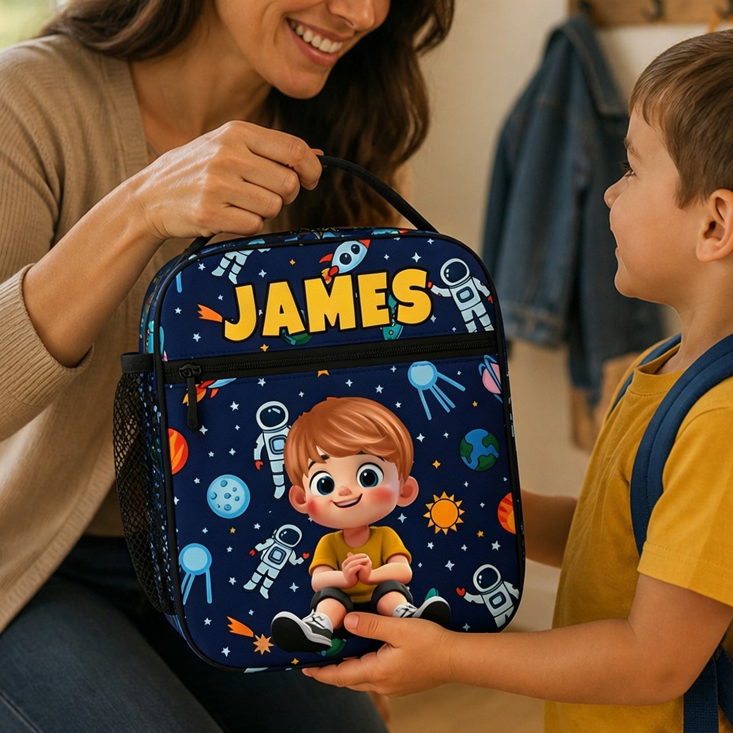 Personalized Q-Version Cartoon Kid Character Insulated Lunch Bag with Name Daily Travel Back to School Birthday Gift for Kids Students