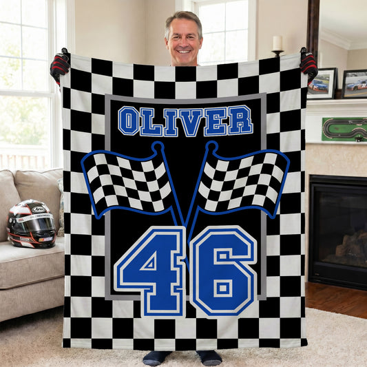 Personalized Checkered Flag Racing Design Soft Throw Blanket with Name and Number Home Decor Father's Day Birthday Gift for Man Racing Enthusiast