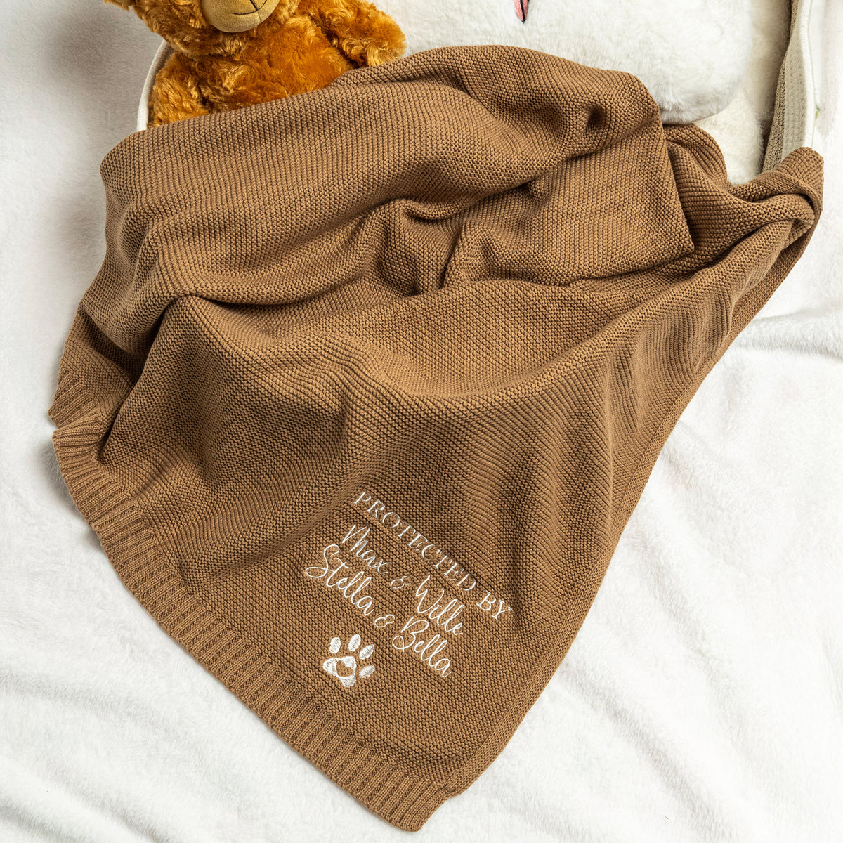 Personalized Embroidered Protected By Knitted Soft Cotton Baby Blanket with Name Baby Shower Birthday Gift for Newborns Kids