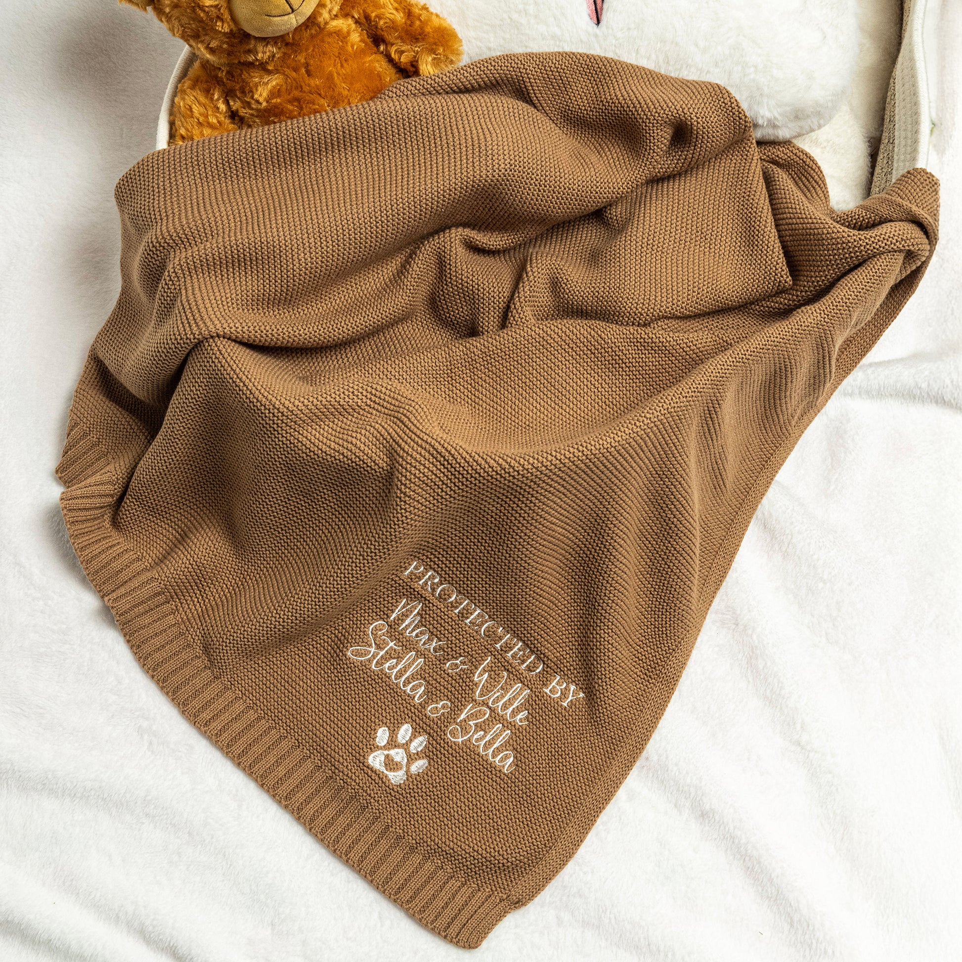 Personalized Embroidered Protected By Knitted Soft Cotton Baby Blanket with Name Baby Shower Birthday Gift for Newborns Kids