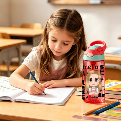 Personalized Cartoon Character Word Cloud 16 oz Water Bottle with Name and Silicone Straw Birthday Back to School Gift for Boys Girls