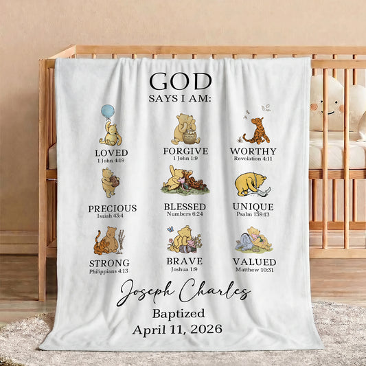 Personalized Classic Winnie the Pooh Bible Verses Multicolor Soft Throw Blanket with Name Home Decor Baby Shower Birthday Gift for Kid Christian