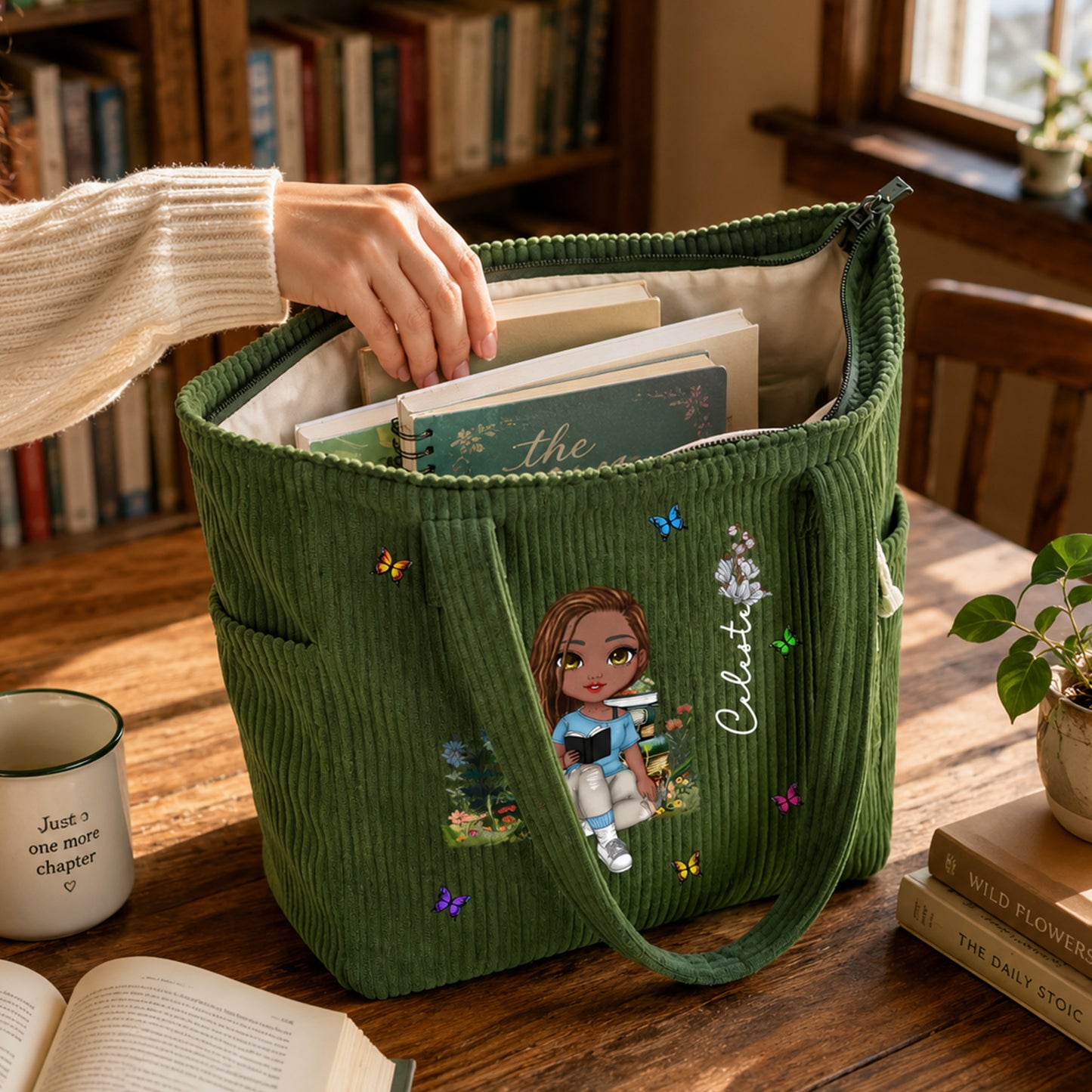 Personalized Cartoon Reading Character Birth Flower Large Capacity Corduroy Tote Bag with Name Travel Essential Birthday Gift for Book Lover Bookworm