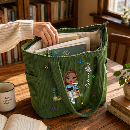 Personalized Cartoon Reading Character Birth Flower Large Capacity Corduroy Tote Bag with Name Travel Essential Birthday Gift for Book Lover Bookworm