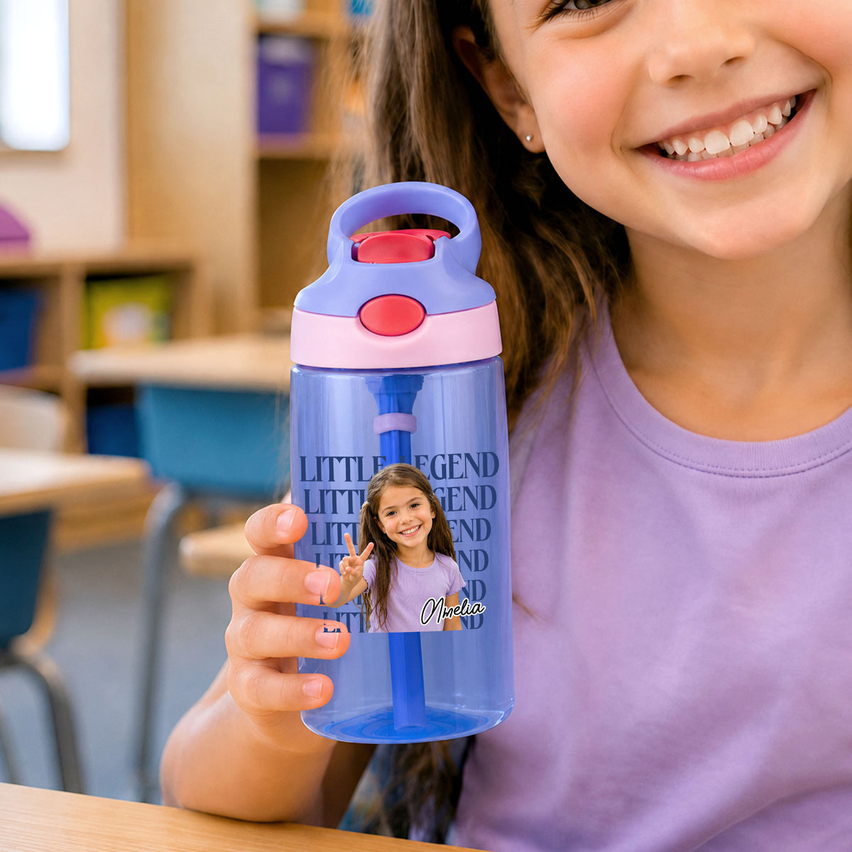 Personalized School Star Photo 16 oz Water Bottle with Name and Silicone Straw Outdoor Activities Birthday Back to School Gift for Boys Girls
