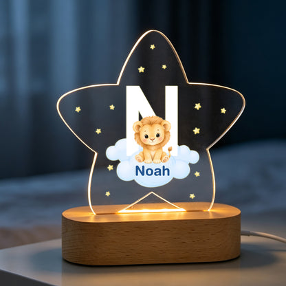 Personalized Animal Clouds Star-Shaped Acrylic LED Night Light with Wooden Base and Name Home Decor Back to School Birthday Gift for Kids