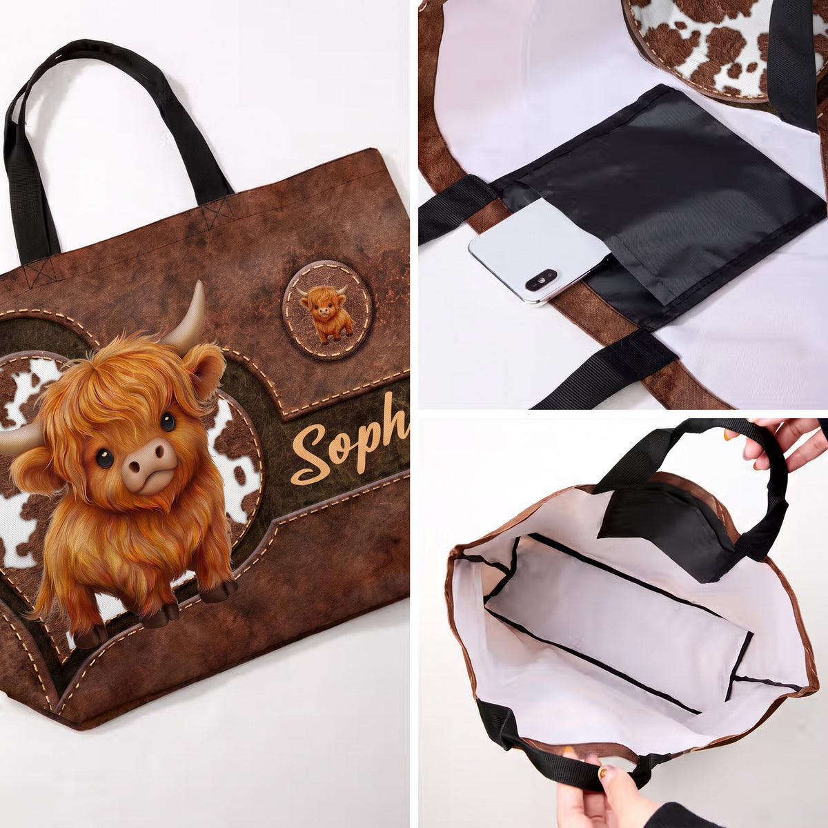 Personalized Cute Cartoon Highland Cow Large Capacity Tote Bag with Name Birthday Gift for Highland Cow Lovers Friends